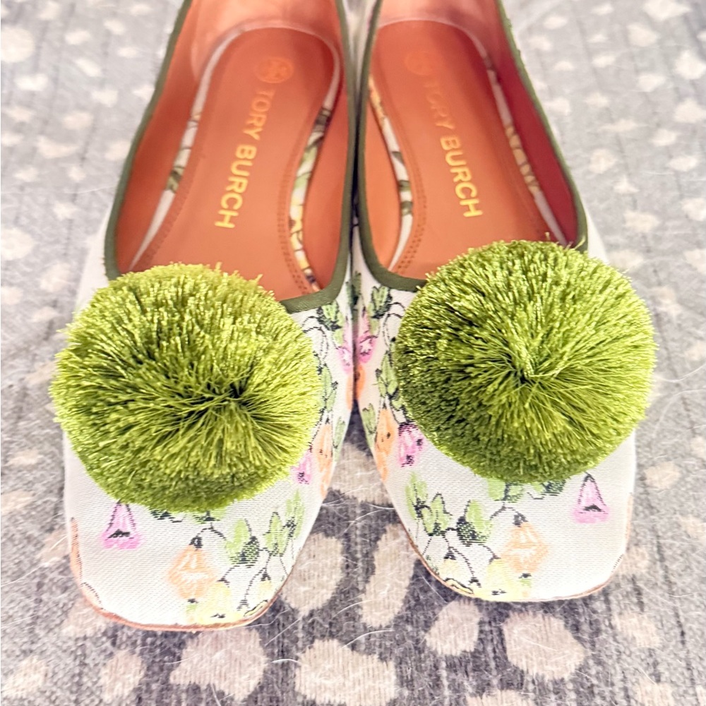 Tory Burch Floral Canvas Ballet Flats with Green Pom Pom - Picture 7 of 13